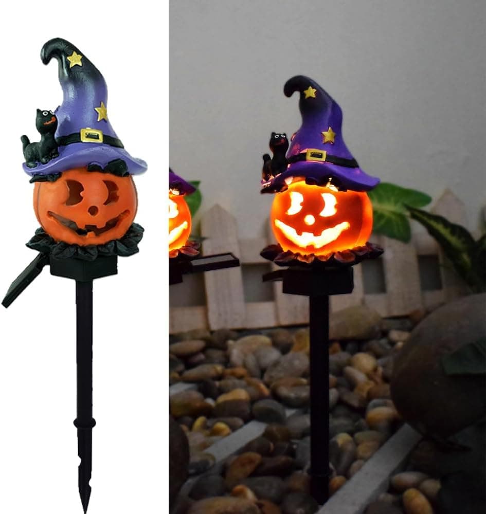 LED maghi solari zucca terra luce, Halloween lampada di decorazione atmosfera all'aperto, carino cappello nero zucca cortile luci calde.