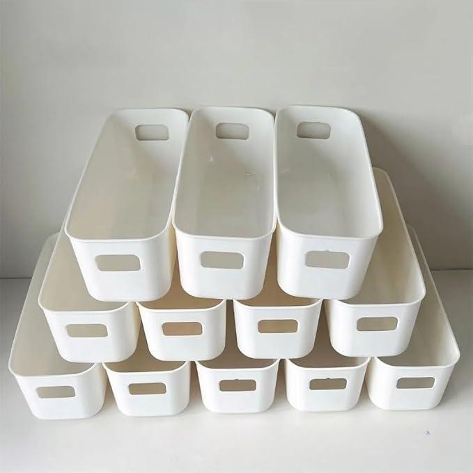Confezione da 12 scatole portaoggetti impilabili in plastica con manici - Organizer multifunzionale durevole per casa, ufficio, armadio - Contenitori salvaspazio a cassetto per cancelleria, trucco