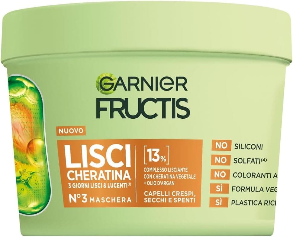Garnier Fructis Maschera, Per Capelli Lisci e Lucenti a Lungo, Effetto Anti-Crespo, Trattamento Lisciante alla Cheratina Vegetale e Olio di Argan, Lisci Cheratina, 370 ml