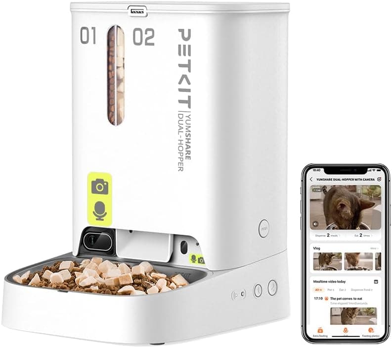PETKIT Distributore Automatico Cibo per Gatti e Cani 5L con Telecamera HD 1080P, WiFi 2.4G, Fino a 10 Pasti al Giorno, 1-30 Porzioni, Ciotola in Acciaio Inox