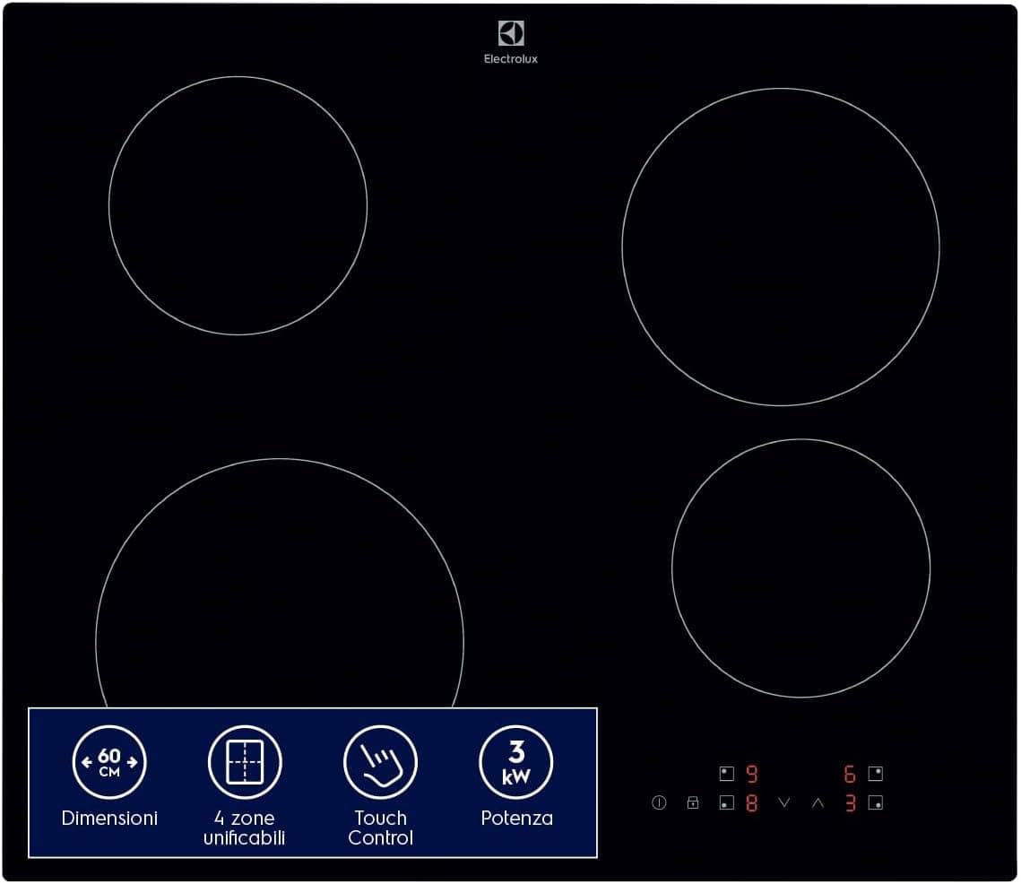 Electrolux Serie 300 Piano Cottura a Induzione da Incasso EIB60424CK, 4 Fuochi Rapidi, Comandi SliderTouch, Sicuro e Facile da Pulire, 60 cm, 590×520 mm, Nero, Design Moderno