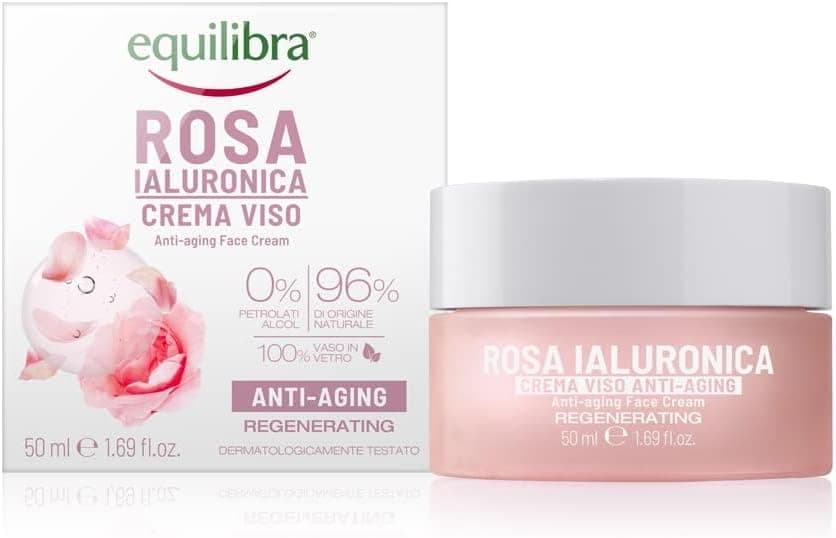 Equilibra Viso, Rosa Ialuronica Crema Viso Anti-aging a Base di Estratto di Rosa Damascena e Acido Ialuronico, Idratante e Levigante, Assorbimento Rapido, Non Unge, 50 ml