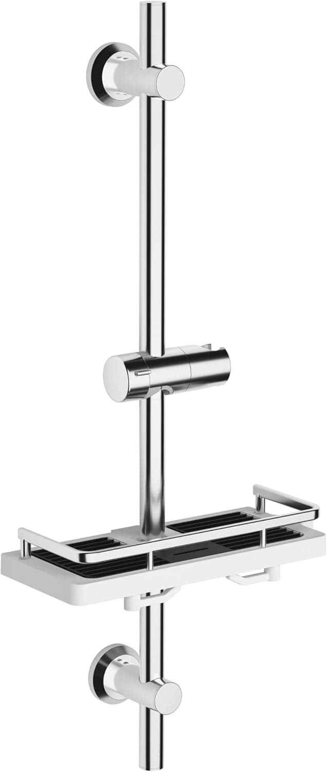 Görbach Colonna Doccia Acciaio Inox senza Miscelatore, Asta Doccia 70 cm con Porta Ogetti Mensola, Set Asta Doccia Saliscendi con Supporto Soffione Regolabile, Adatto per fori esistenti Cromo
