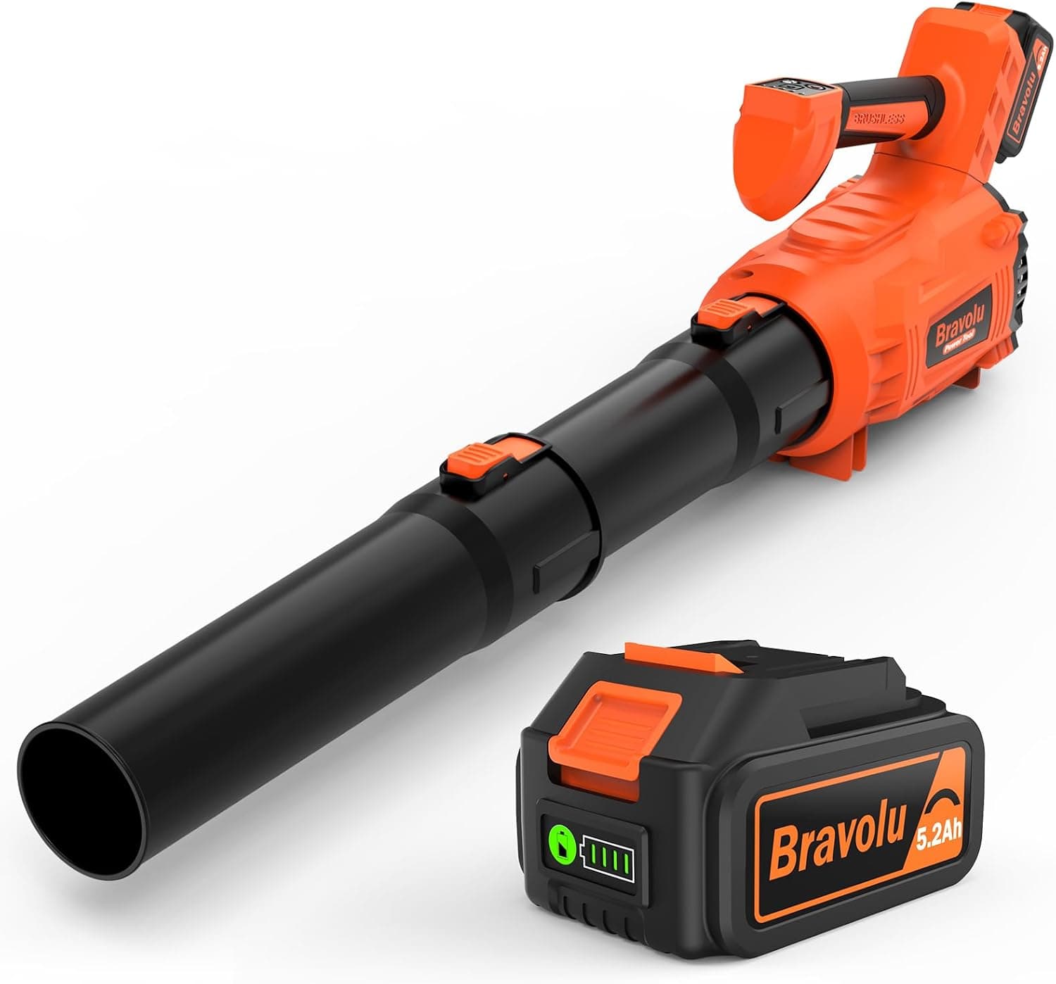 Soffiatore a Batteria, Bravolu Soffiatore Foglie Elettrico, con Batteria da 5200 mAh e Caricabatteria, Velocità Aria Max 305 km/h, 5 Velocità Regolabili e Modalità Turbo