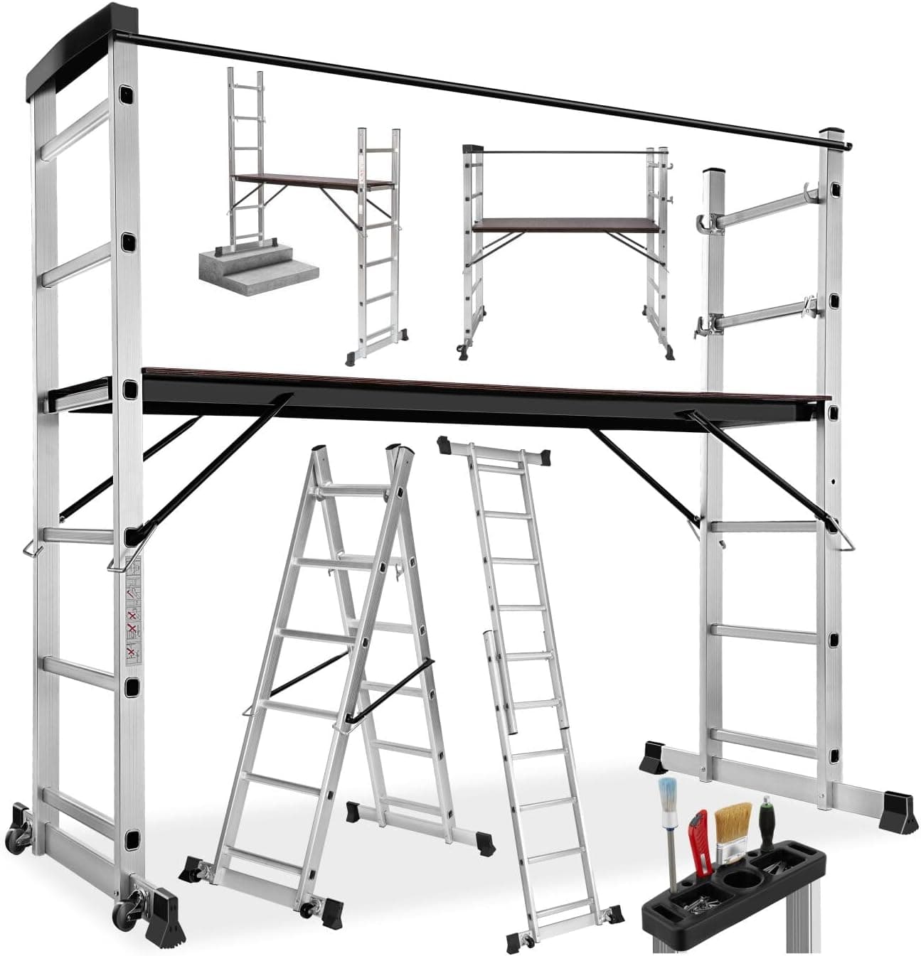 tectake® Scala Alluminio 4 in 1 Multifunzione con Piattaforma da Lavoro, Ponteggio da Lavoro con Ruote, Scala in Alluminio Pieghevole, Trabattello da Lavoro