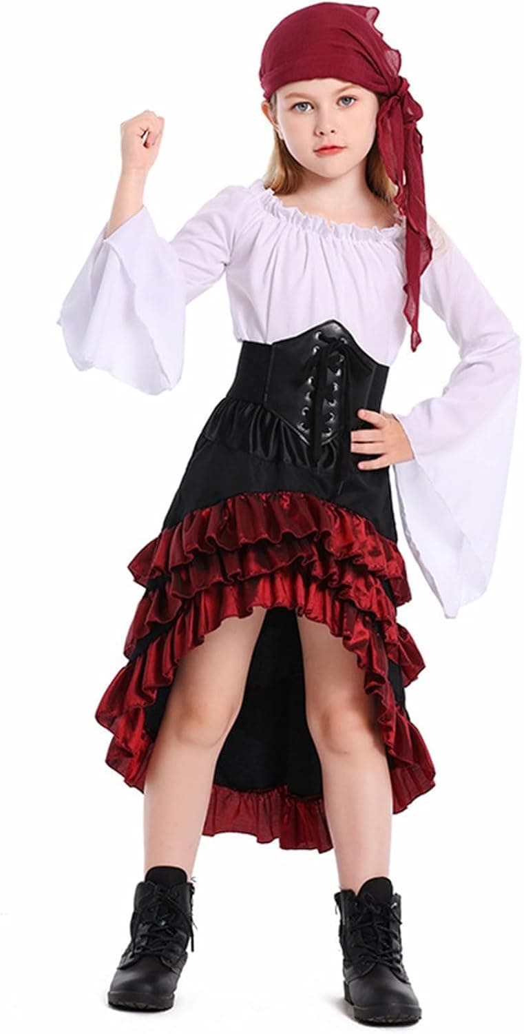 Generico Costume Pirata Per Bambina, Vestito Con Corsetto E Fascia Da Pirata, Travestimento Per Carnevale Halloween Feste a Tema Cosplay