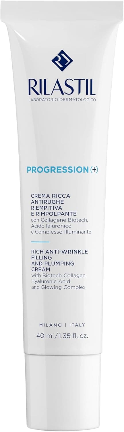 Rilastil Progression(+) Crema Ricca Antirughe Riempitiva e Rimpolpante, Trattamento Rughe Marcate, Antiaging, Rimpolpante per Pelli Mature con Collagen, Acido Ialuronico, Confezione da 40 ml