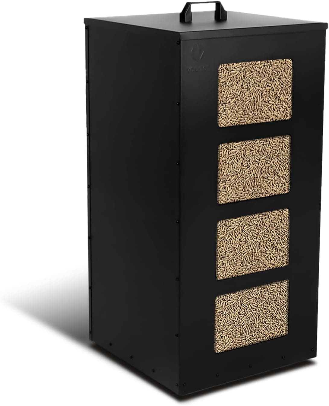 VOUNOT® Porta Pellet da Interno in Metallo con Ruote da 45 kg, Contenitore Pellet con Setaccio Rimovibile e 4 Indicatori Trasparenti di Livello, Scatola per Stufa a Pellet, 36×36×76 cm, Nero