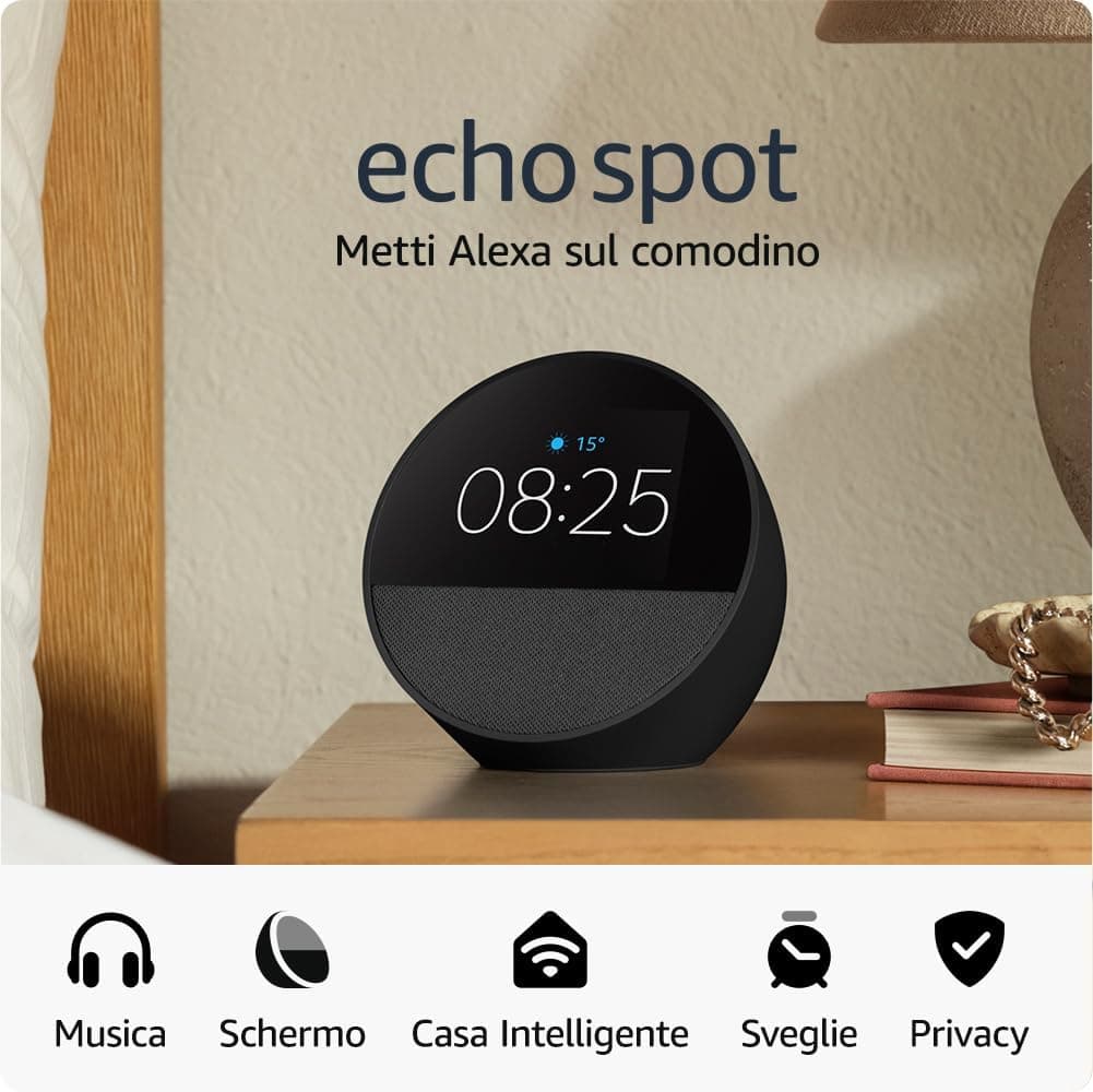 Amazon Echo Spot (modello 2024) | Sveglia intelligente con audio di qualità | Nero, con Accesso Anticipato ad Alexa+