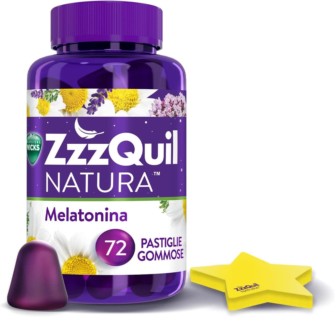 ZzzQuil Natura Integratore con Melatonina pura ed Estratti Di Valeriana Per Dormire, Camomilla e Lavanda, 72 Pastiglie Gommose + Foglietti adesivi stella, Gusto Frutti di Bosco