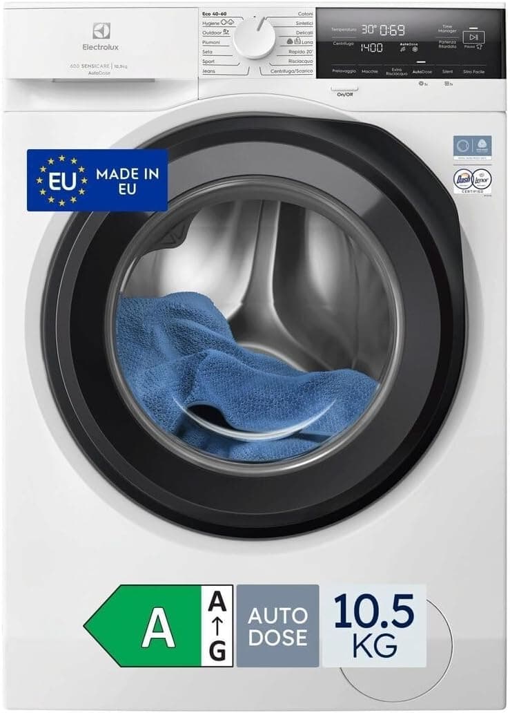 Electrolux EW6F105AMQ SensiCare 600 Lavabiancheria carica frontale Capacità nominale del programma eco 40°-60° (kg) 10.5 kg Giri centrifuga 1351 Classe di efficienza energetica A con AutoDose Non Conn