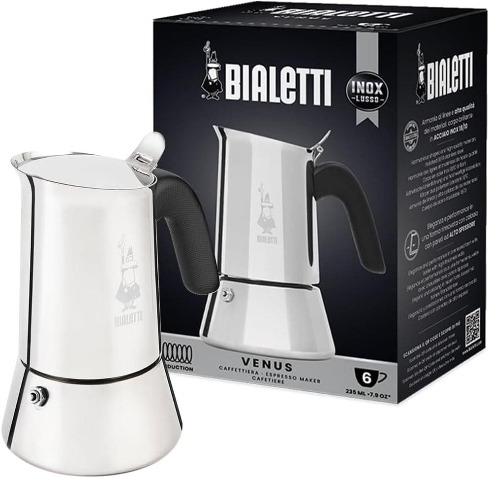 Bialetti Caffettiera New Venus 6 Tazze, Manico Anti Scottatura, Adatta A Induzione, 6 Tazze (235 Ml), Acciaio 18/10, Argento, ‎13 x 11 x 21.5 cm 540 grammi