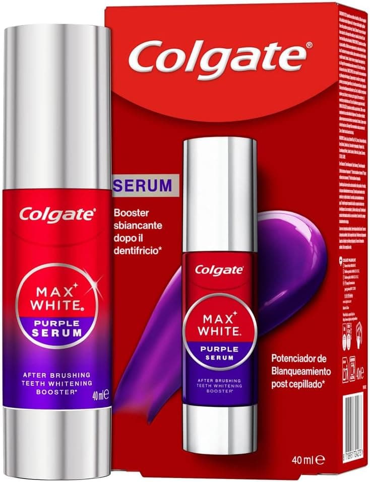 Colgate Max White Purple Serum 40ml, Booster Sbiancante Denti istantaneo, Sbianca istantaneamente, Formula a doppia azione per denti bianchi, tecnologia correzione immediata del colore
