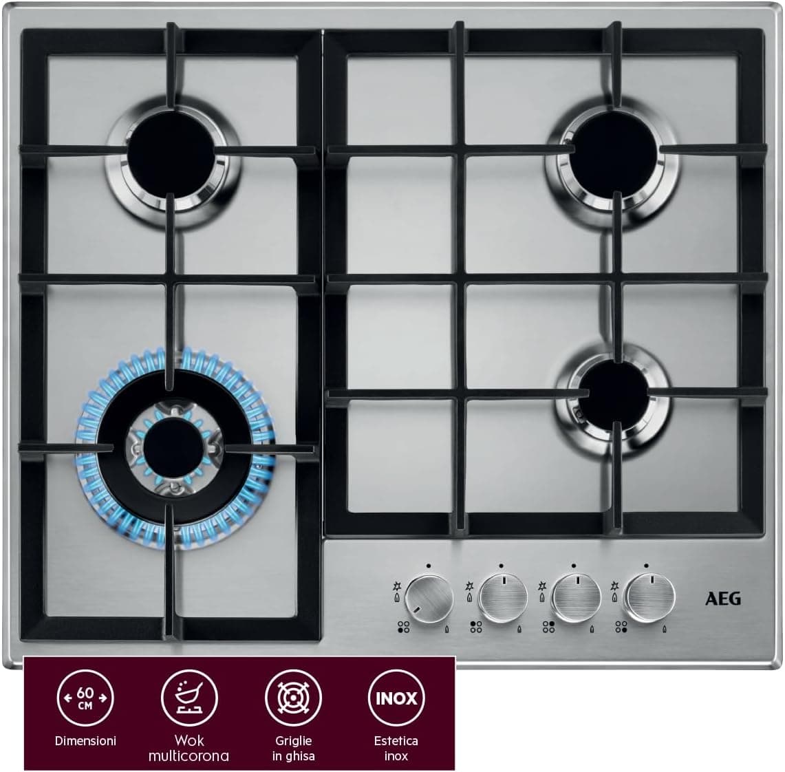 AEG HGB64400SM Piano Cottura a Gas 60 cm 4 Fuochi Griglie in Ghisa Inox