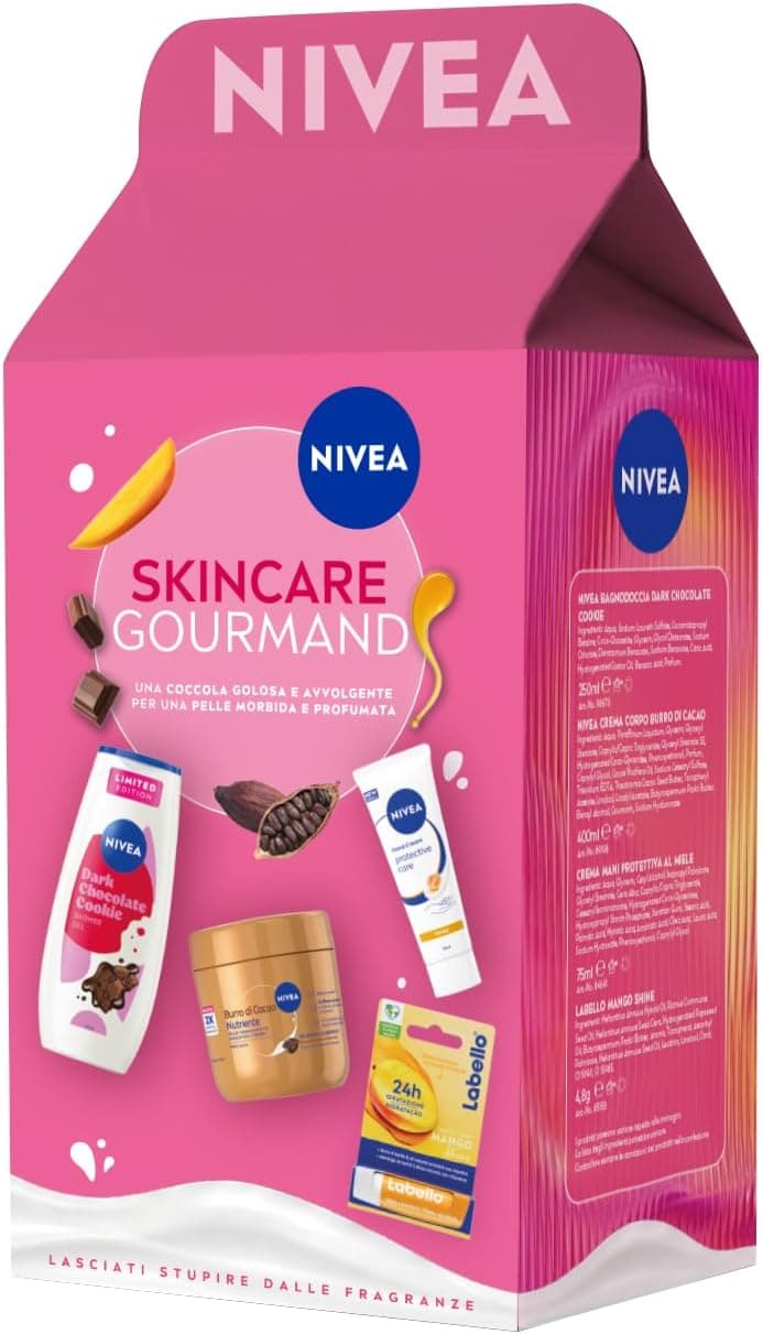 NIVEA Pleasure Skincare Kit Cofanetto Regalo Donna, Set Regalo Donna con Crema Corpo Nutriente Burro di Cacao 400 ml, Crema Mani al Miele 100 ml, Doccia Cioccolato 250 ml e Labello Mango Shine 4.8 g