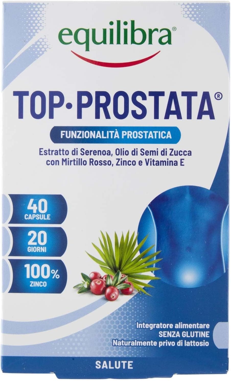 equilibra Integratori Alimentari, Top Prostata, Integratore per la Funzionalità della Prostata, con Serenoa Repens, Olio di Semi di Zucca e Mirtillo Rosso con Zinco e Vitamina E, 40 Capsule