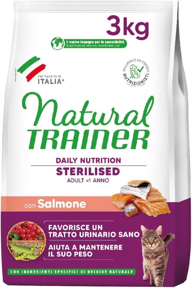 Trainer Natural Sterilised Adult con Salmone e Fibra di Pisello 3 Kg, 3000 Gr