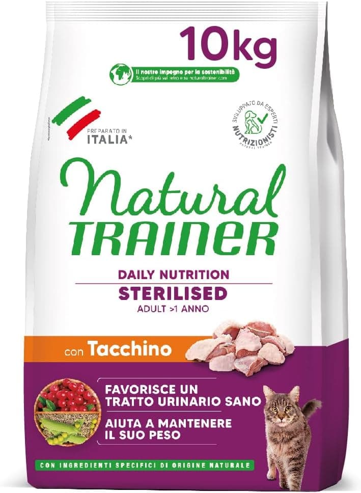 Trainer Natural Cat Sterilised Adult con Carni Bianche e Fibra di Pisello 10 Kg, 10000 Gr