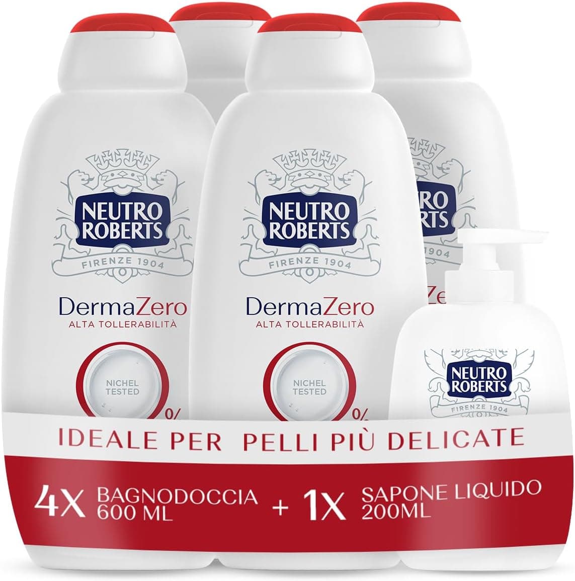 Neutro Roberts, Bagnoschiuma Ipoallergenico 4x600ml, Sapone Idratante 200ml