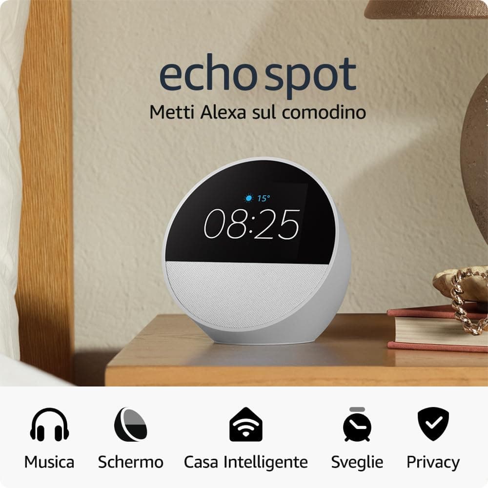 Amazon Echo Spot (modello 2024) | Sveglia intelligente con audio di qualità | Bianco, con Accesso Anticipato ad Alexa+