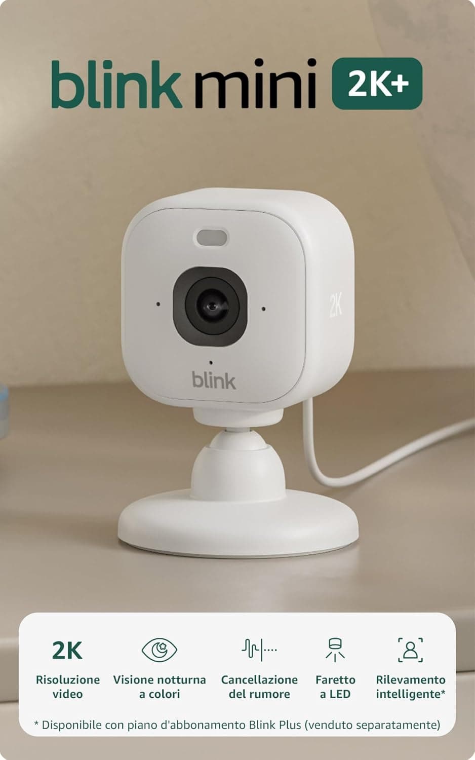 Videocamera Mini 2K+ Blink (ultimo modello) | Videocamera di sicurezza domestica con alimentatore plug-in, risoluzione video 2K, zoom 4x, visione notturna a colori | 1 videocamera – Bianca