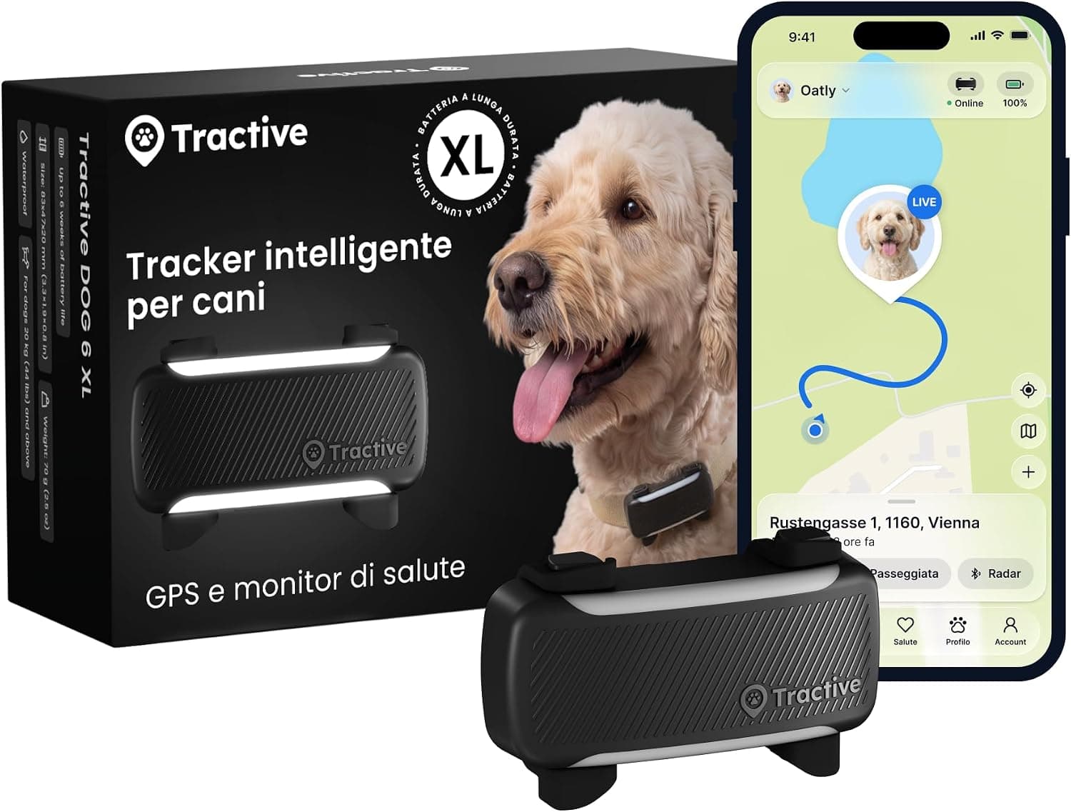 Tractive GPS Cane Intelligente XL | Edizione 2026 | Localizzazione GPS in Tempo Reale | Notifiche Antifuga e Avvisi di Salute | Monitoraggio dei Parametri Vitali | Batteria a Lunga Durata (Nero)
