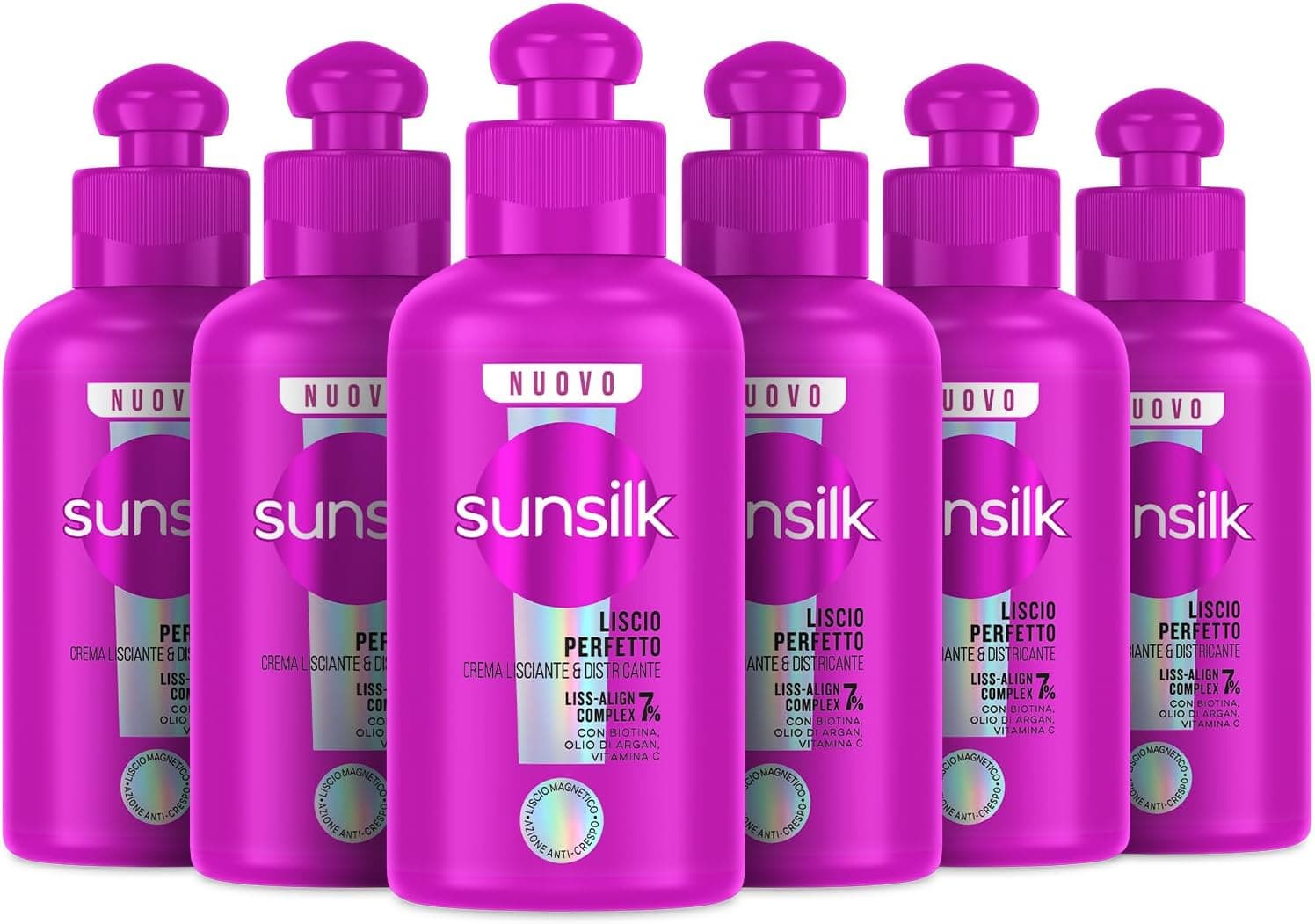Sunsilk, Crema Lisciante & Districante Liscio Perfetto, Crema Capelli Senza Risciacquo Anti Crespo, Formula con 7% LISS-ALIGN COMPLEX con Biotina, Olio di Argan e Vitamina C, 6 Pezzi da 200 ml