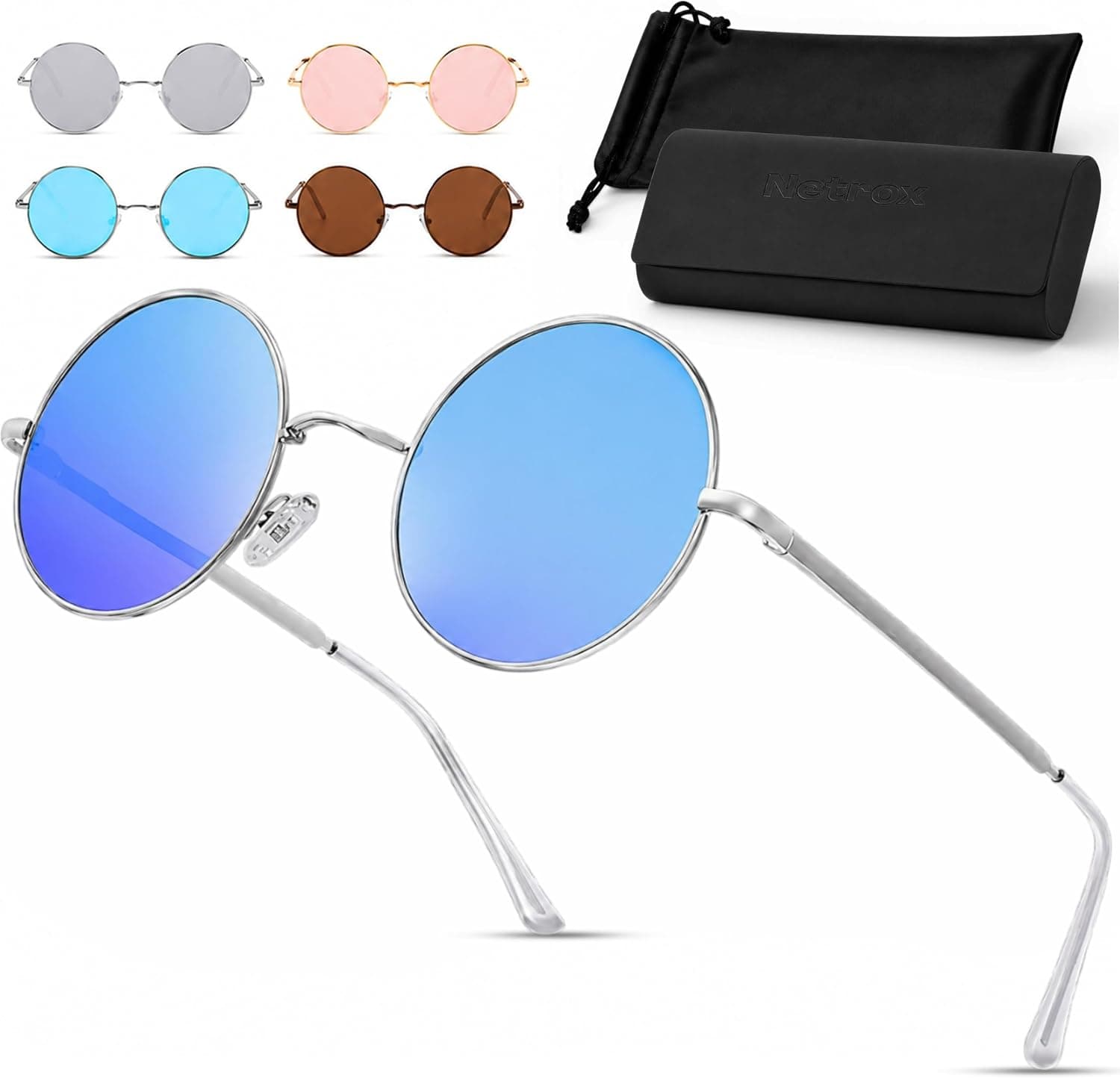 Netrox - Occhiali da sole rotondi in stile retrò con montatura in metallo - custodia e astuccio in microfibra - Protezione UV400, vintage, uomo donna, lenti a specchio, sole, rotondi, marrone