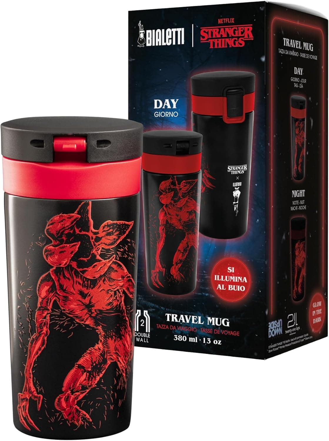 Bialetti Tazza da Viaggio Termica Stranger Things, Si illumina al buio, Perfetta tenuta della temperetura, no Lavastoviglie, 380 ml