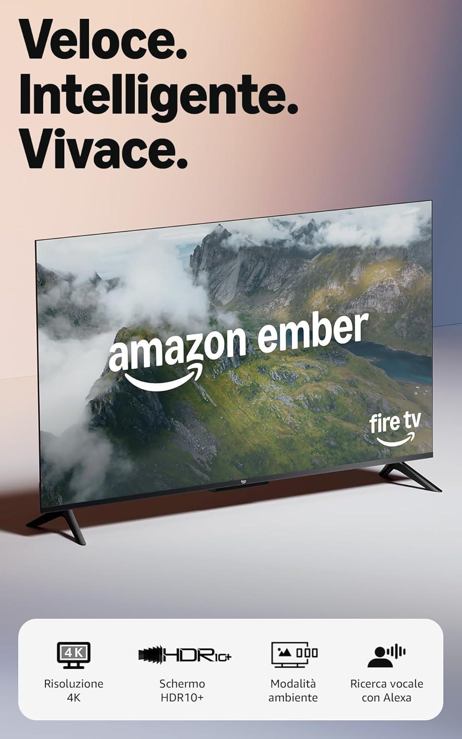 Amazon Ember serie 4 da 55" con Fire TV (ultimo modello), smart TV 4K UHD, HDR10+, processore veloce, Dolby Audio, modalità ambiente, TV in diretta gratuita, trova serie TV più velocemente con Alexa+