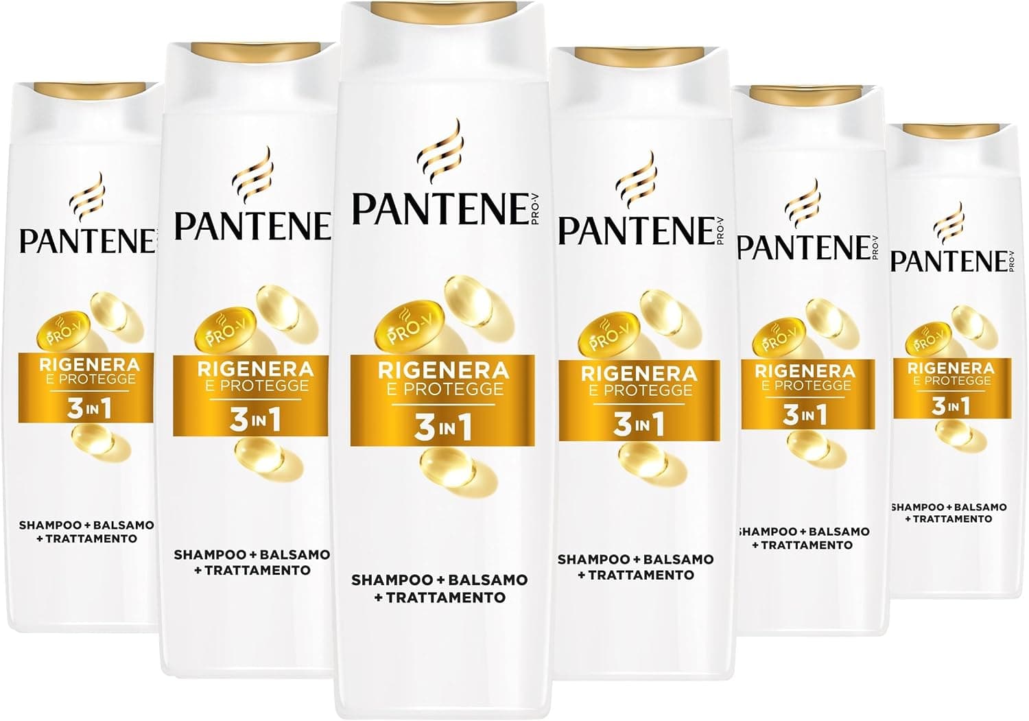 Pantene Pro-V Rigenera E Protegge Shampoo, Balsamo e Trattamento 3 in 1 6x300ml per Capelli Deboli, Secchi e Danneggiati, con Sostanze Nutrienti per Riparare i Danni, Senza Olio Minerale
