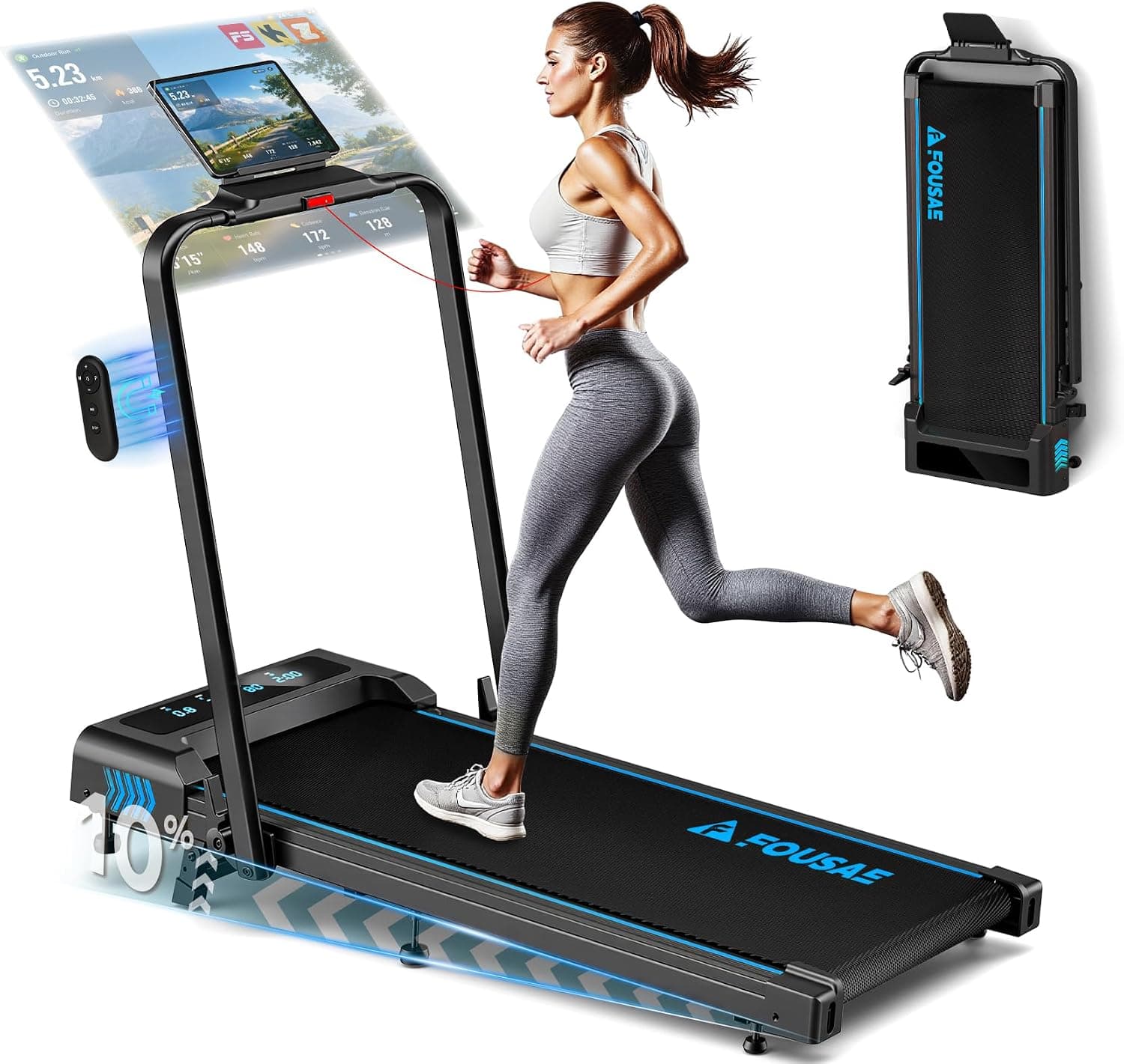 Tapis Roulant 1-12km/h con 12 Programmi HIIT Predefiniti e 10% Inclinazione, 5 in 1 Tapis Roulant Pieghevole Elettrico Supporto Tablet Compatibile App, Doppio Display LED, Telecomando, Senza Montaggio