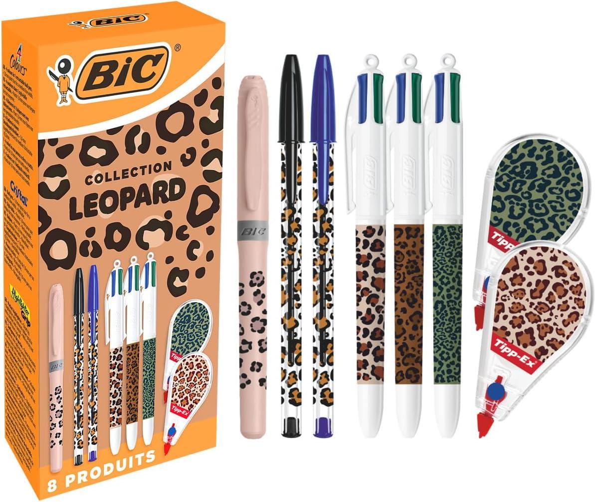 BIC e Tipp-Ex Collezione Leopardo - Penne a Sfera Punta Media (1,0 mm), Evidenziatore dalla punta a scalpello, Nastri Correttori (6 m x 5 mm) - Motivi Casuali, Confezione da 8