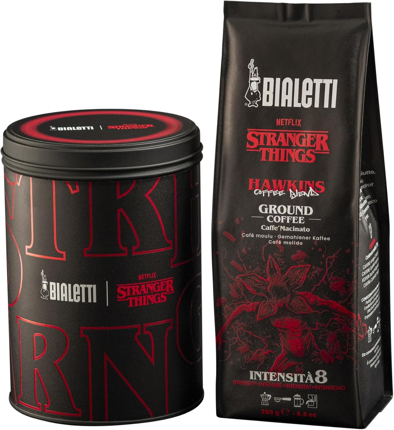 Bialetti Caffè Macinato Universale Stranger Things, Latta + Sacchetto da 250g, Miscela Hawkins: 50% Arabica 50% Robusta