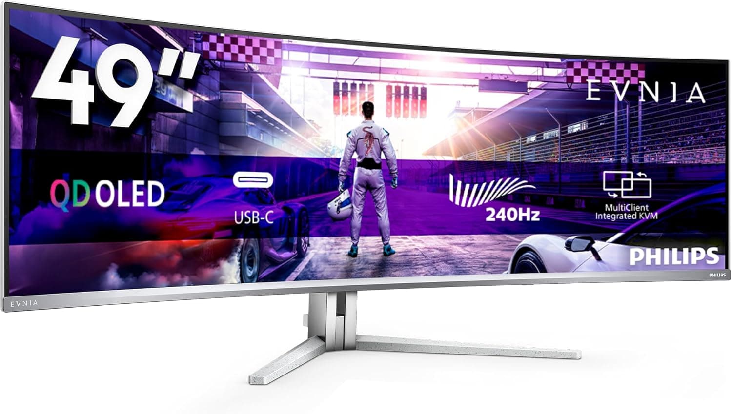 Philips Monitor 49M2C8900 48.9" Curvo 5120x1440, DQHD, 240Hz, QD-OLED Panel, 0.03ms GtG, USB-C Speakers (HDMI2x 2.1 DP 1x 1.4) Adaptive Sync, HDR400 TrueBlack, FreeSync Prem. Pro, G-Sync Comp, Argento