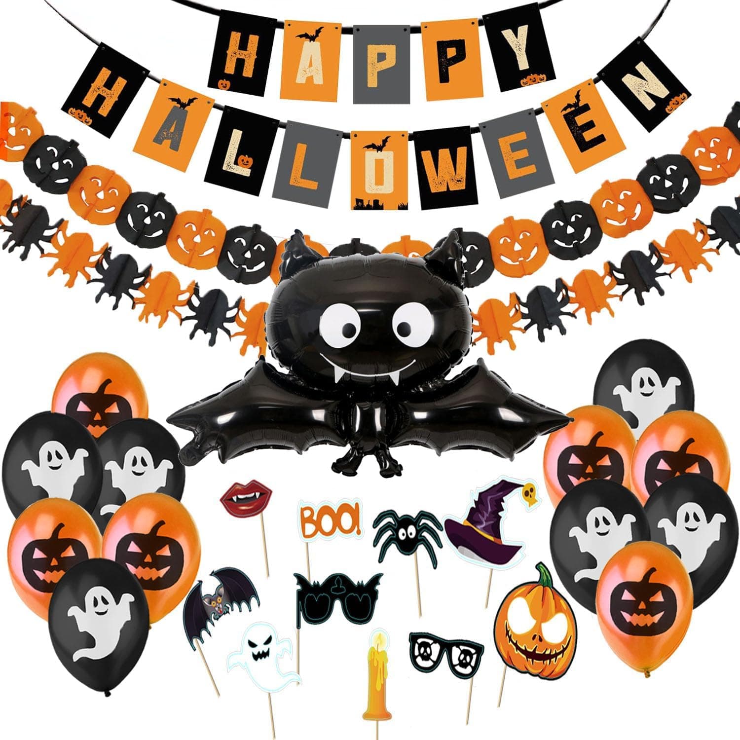 Decorazioni Halloween Casa - Festone Happy Halloween, Pipistrello Gigante, Ghirlande Di Zucche e Ragni, Foto Booth Props Halloween e Palloncini Neri e Arancioni