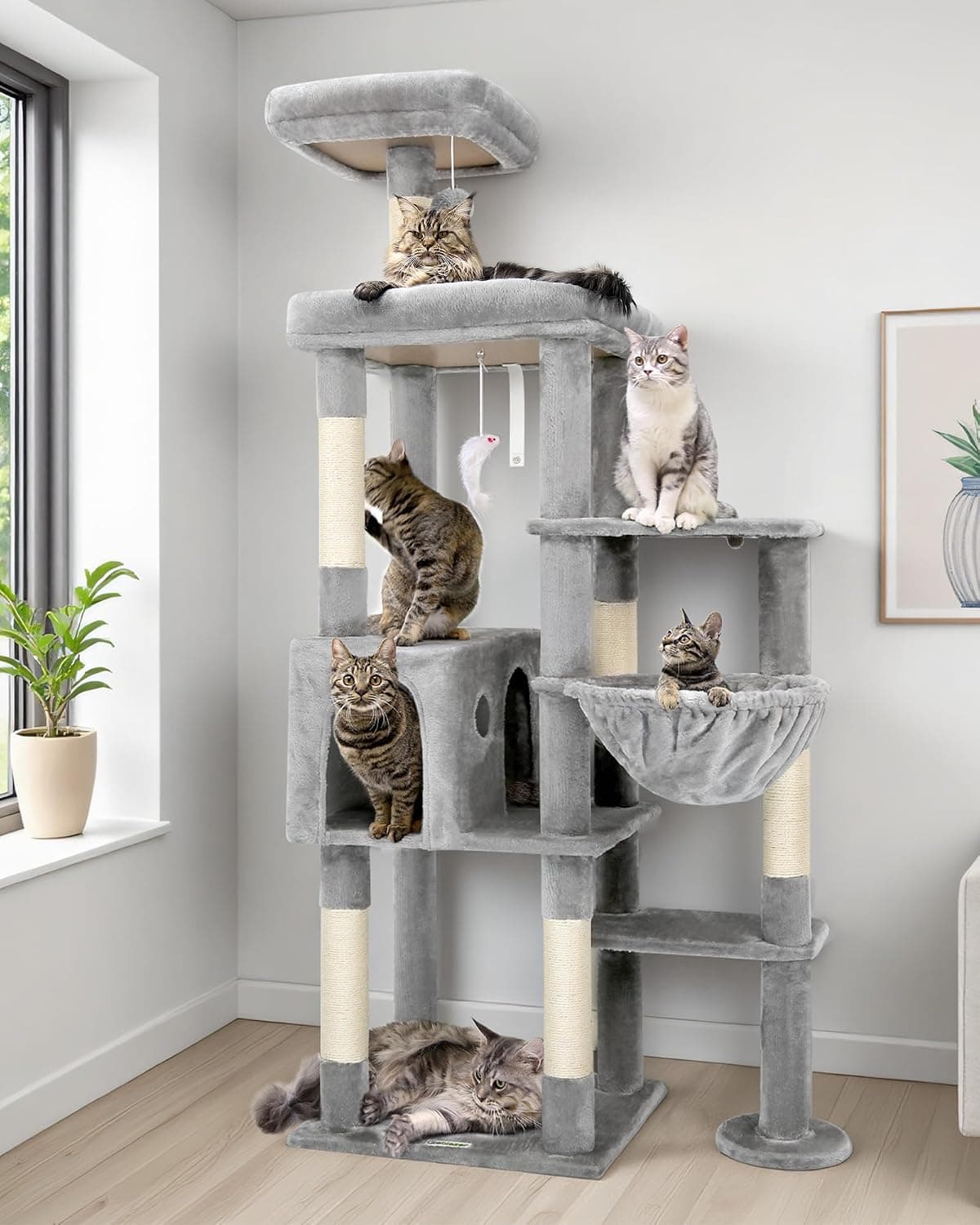 Globlazer Tiragraffi per Gatti XL, Albero Gatti Grandi Alto 167 cm con Grande Piattaforma Imbottiti Trespoli Grotte Cesto, Torre del Gatto Stabile per 3-4 Grandi Gatto Adulti (F65B, Grigio Chiaro)