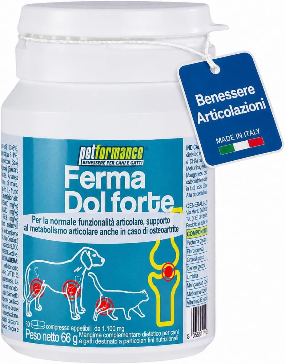 FERMADOL Forte Integratore Articolazioni Cane e Gatto con Glucosamina, Condroitina, Artiglio del Diavolo, Supporto Antidolorifico per Articolazioni Mobilità Cani Anziani – 60cps