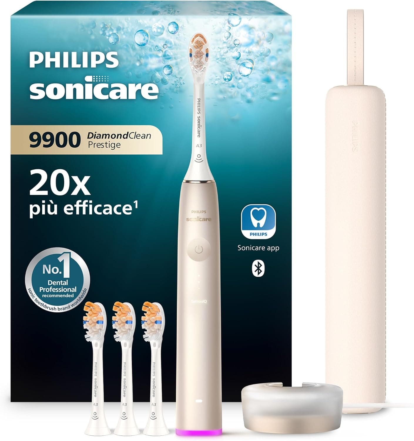 Philips Sonicare DiamondClean 9900 Prestige - Spazzolino elettrico con tecnologia SenseIQ e app, 5 modalità di pulizia, custodia da viaggio per la ricarica, Champagne, modello HX9992/44