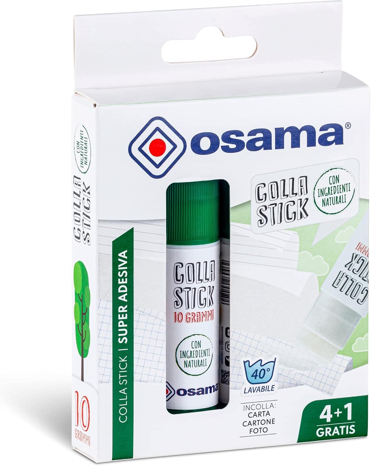 Osama - Colla Stick Extra Forte, 4 Pezzi + 1 Gratis, 10 gr - Set Colle Stick Ideale per Cancelleria Scuola, Ufficio e Università - Scorrevole, Resistente e Adatta ai Bambini, con Ingredienti Naturali