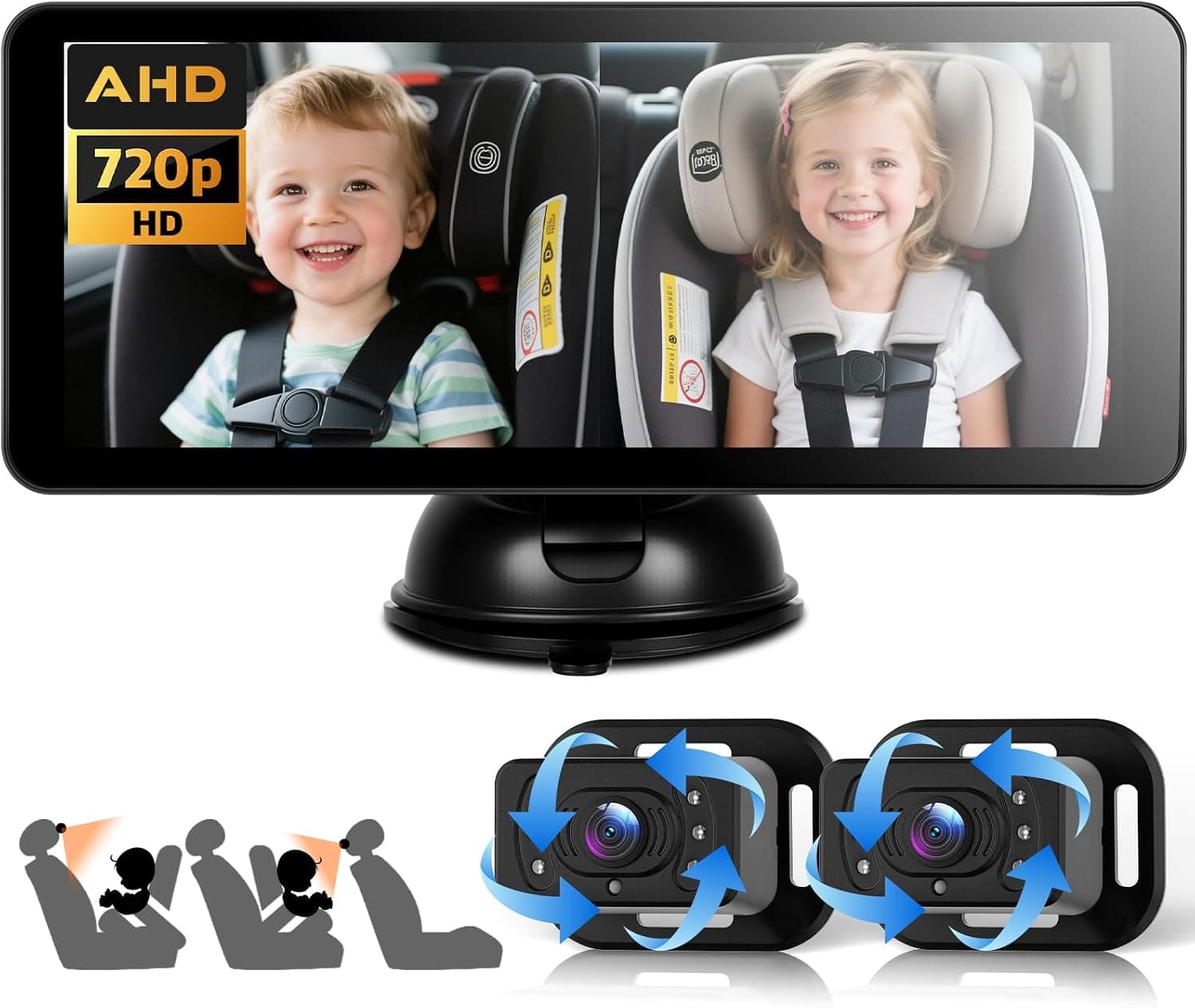 VECHTEL Sedile posteriore per bambini Doppia telecamera con schermo diviso da 6,86 pollici HD 720P, telecamera di sicurezza per seggiolino auto con visione notturna ruotabile a 360°,supporto a ventosa