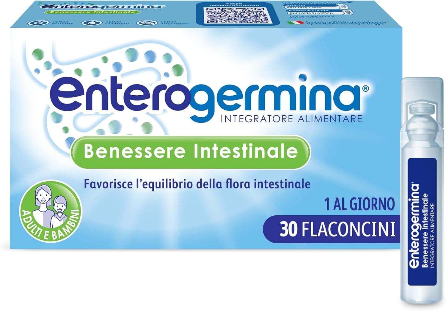 Enterogermina Benessere Intestinale, Fermenti Lattici Probiotici, Integratori Adulti e Bambini 3+ Favorisce l’Equilibrio della Flora Batterica Intestinale, Senza Glutine (30 Flaconcini/5 ml)