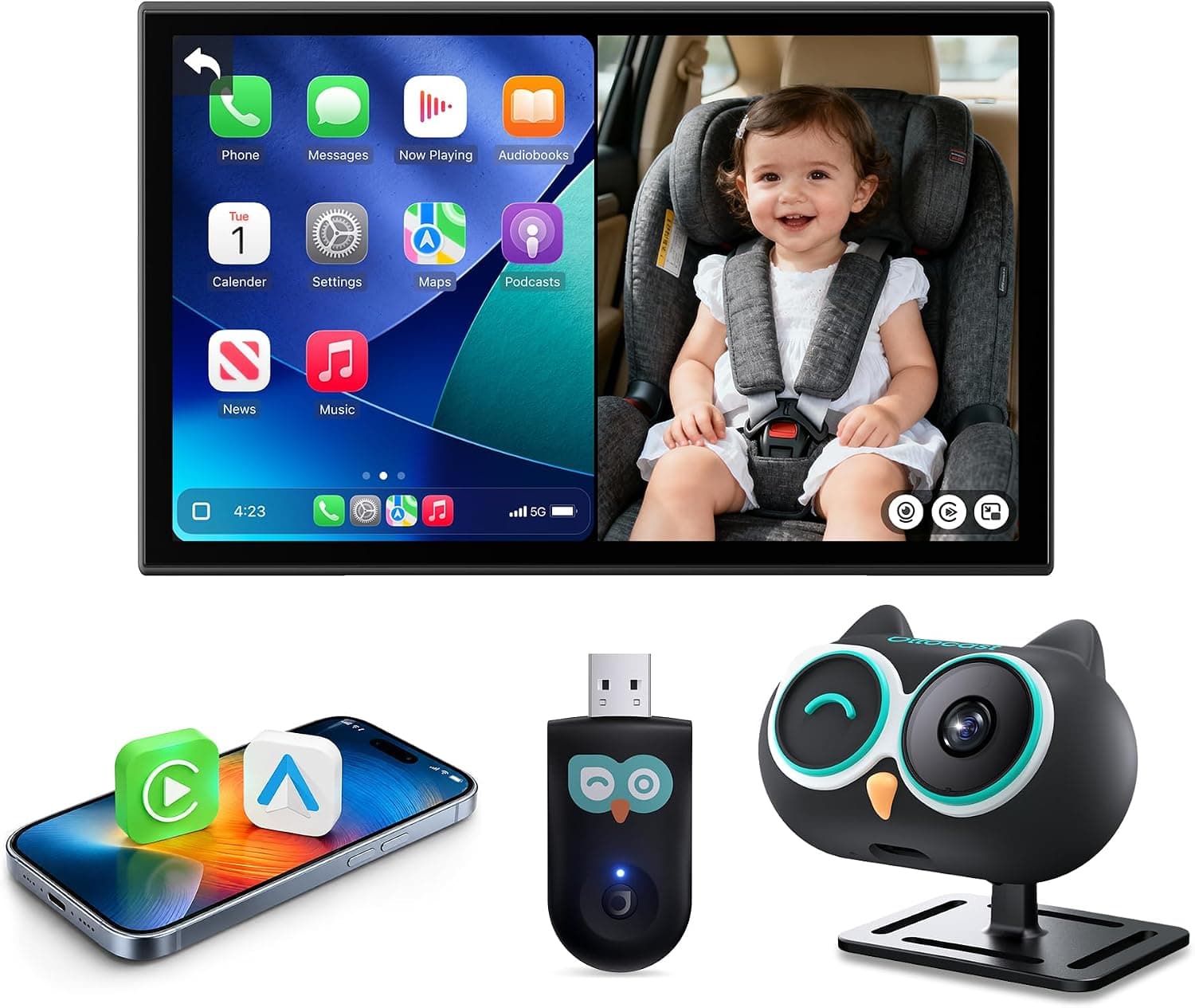 OTTOCAST Telecamera Bambino Auto con Senza Fili CarPlay & Android Auto, Cabin Care Monitor Sedile Posteriore per Bambini & Animali, Visione Notturna 1080P, Grandangolo 150°, Schermo Diviso & PiP