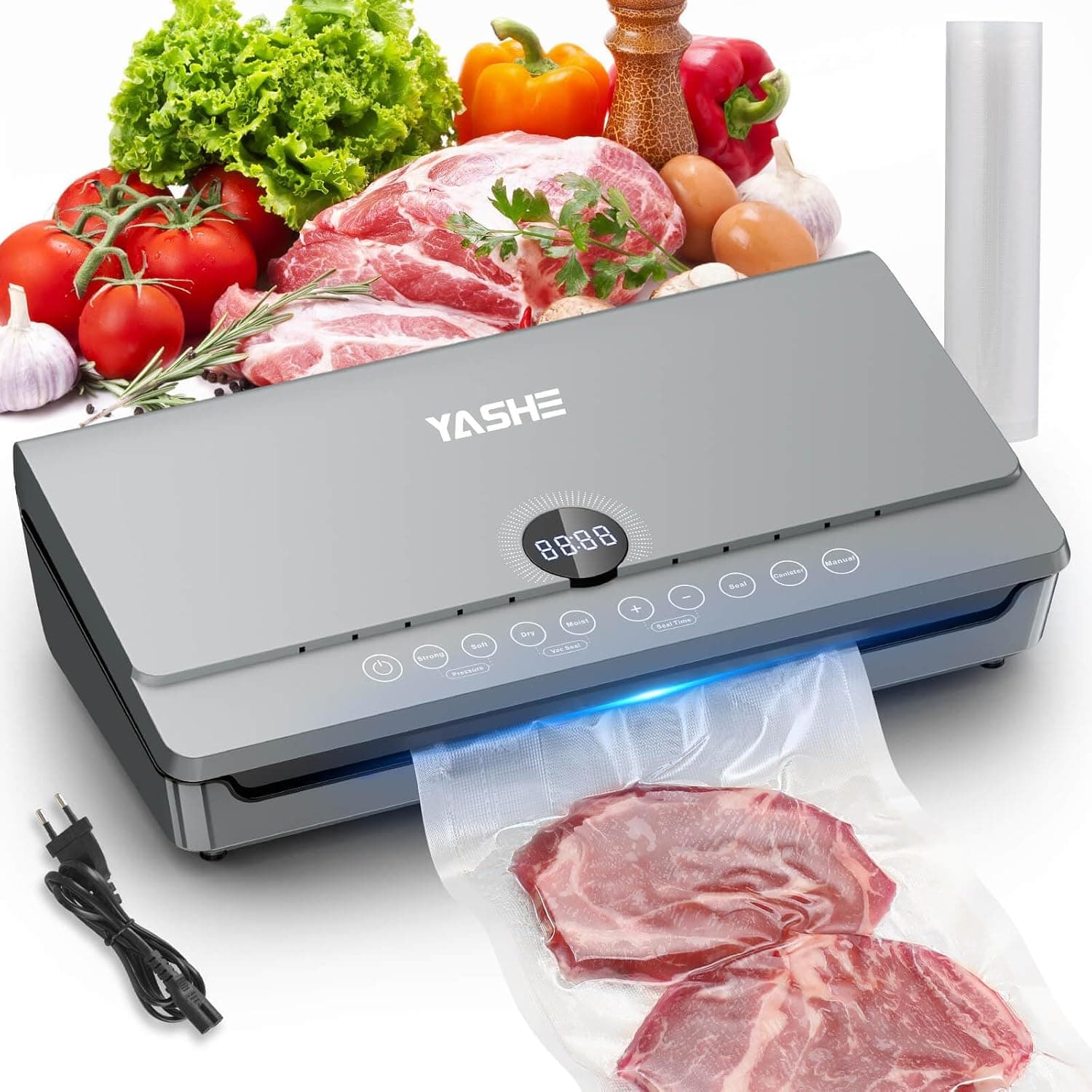 YASHE Macchina Sottovuoto Alimenti 80KPa, 10 in 1 Macchina Sottovuoto con Coperchio Magnetico, Doppio Sigillo e Doppia Pompa, Vano Porta Rotolo Integrato, 1 Rotolo da 20x300cm Incluso