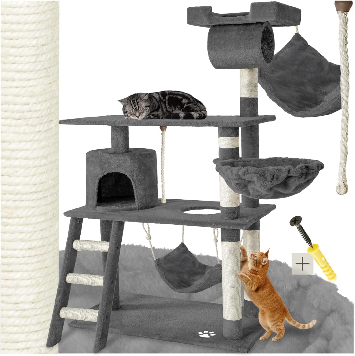 Tectake® Albero Tiragraffi per Gatti 141 cm, Colonne Sisal, Amaca, Tunnel