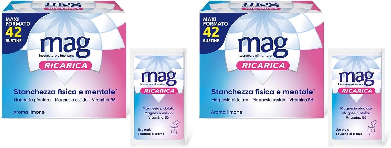 Mag Ricarica - Integratori per Adulti con Magnesio Pidolato, Magnesio Ossido, Vitamina B6 per Stanchezza Fisica e Mentale - Senza Glutine, Senza Lattosio (due confezioni da 42 Bustine Aroma Limone)