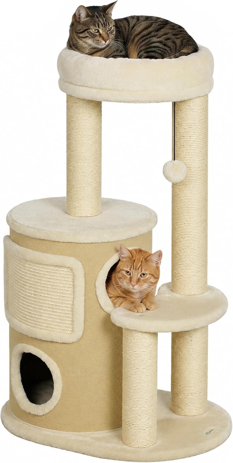 PawHut Tiragraffi per Gatti Multilivello 90cm con 2 Grotte e Cuccia, Beige