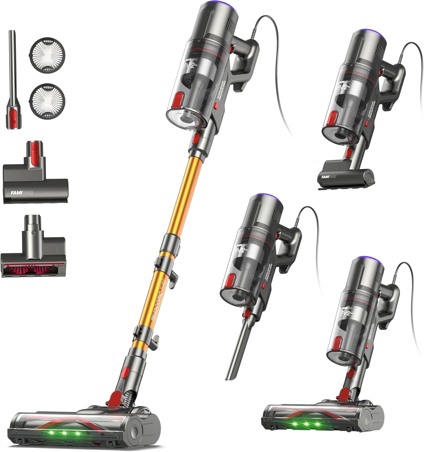 FAMIVAC FV2 Aspirapolvere con Filo, 65Kpa/600W Scopa Elettrica Potente con Spazzola per Materasso, 1,3KG Ultra-Leggero, Cavo 7M, 1,5L, Antigroviglio & Autoportante per Tappeti/Pavimenti/Peli Animali