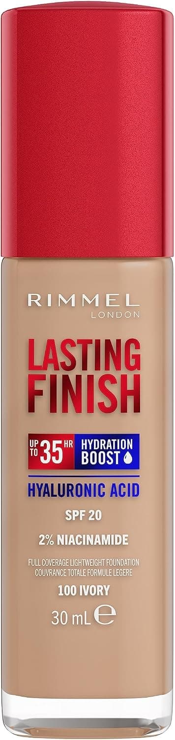 Rimmel London Lasting Finish 35 Hour, fondotinta, lunga durata, idratante, formula vegana, copertura totale, 30 ml, 100 Ivory
