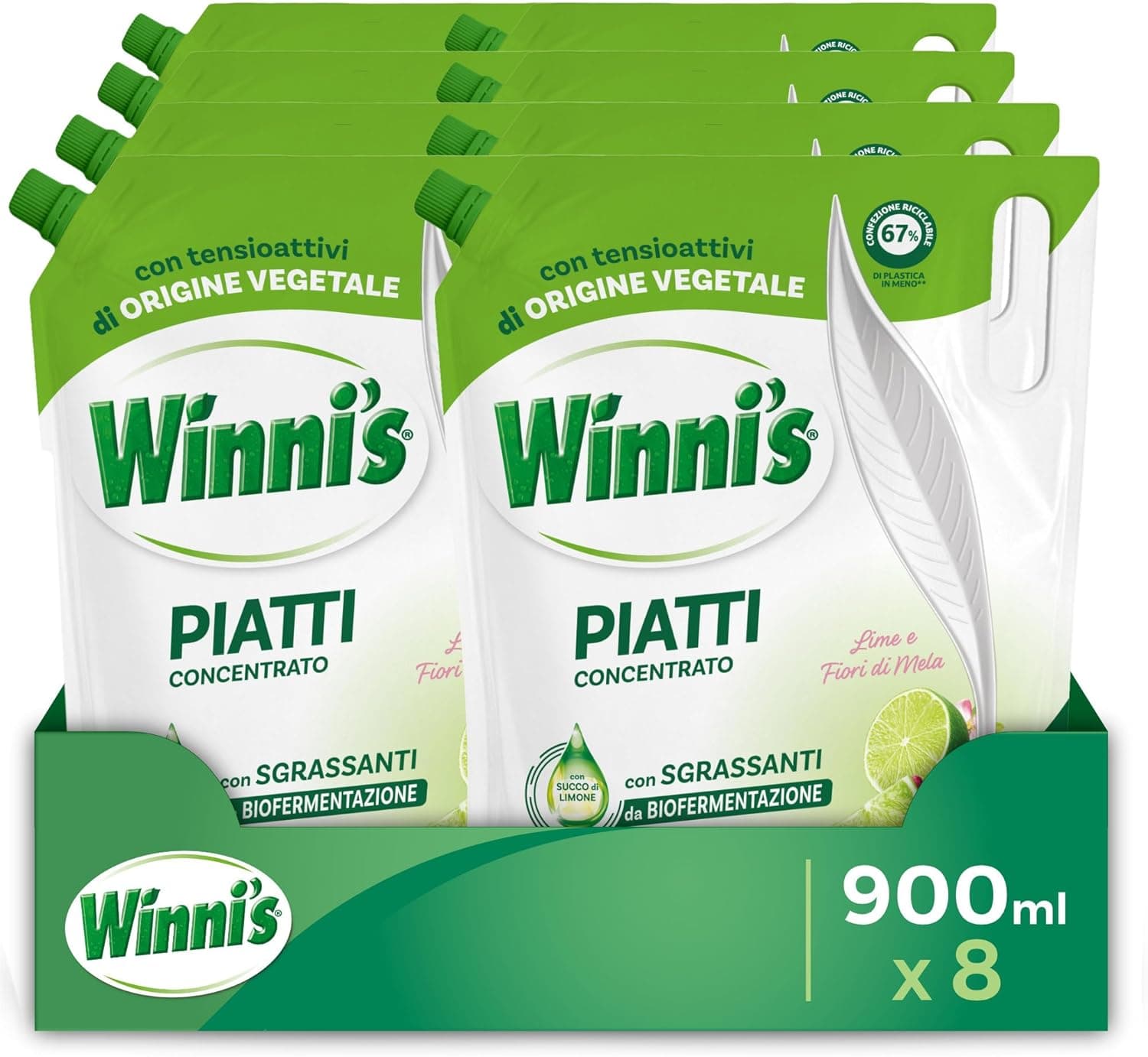 Winni's Detersivo Piatti a mano, Lime e Fiori di Mela, 900 ml x 8